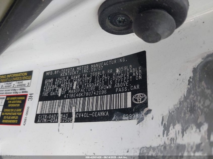 2008 Toyota Camry Le VIN: 4T1BE46K78U742096 Lot: 42501428