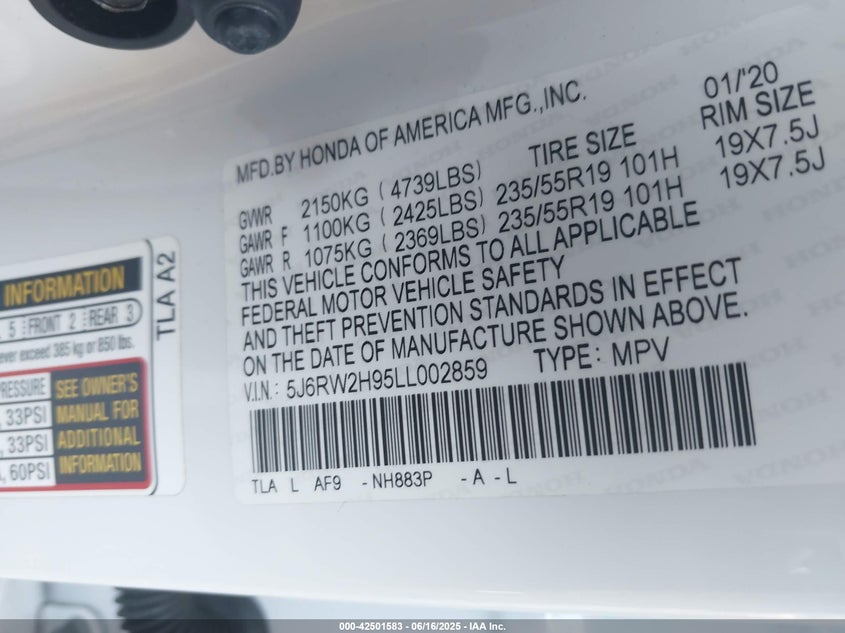 2020 HONDA CR-V AWD TOURING - 5J6RW2H95LL002859