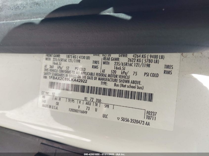 2020 Ford Transit-350 Passenger Van Xlt VIN: 1FBAX2C89LKA42922 Lot: 42501650