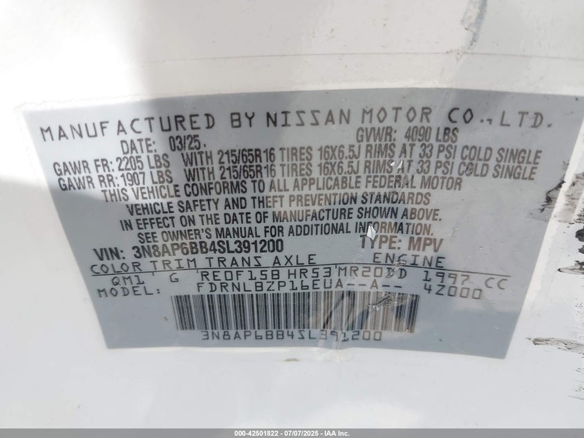 VIN 3N8AP6BB4SL391200 2025 NISSAN KICKS S