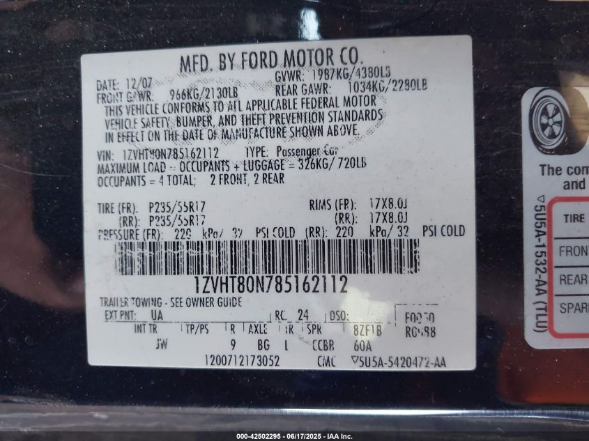 2008 Ford Mustang V6 Deluxe/V6 Premium VIN: 1ZVHT80N785162112 Lot: 42502295