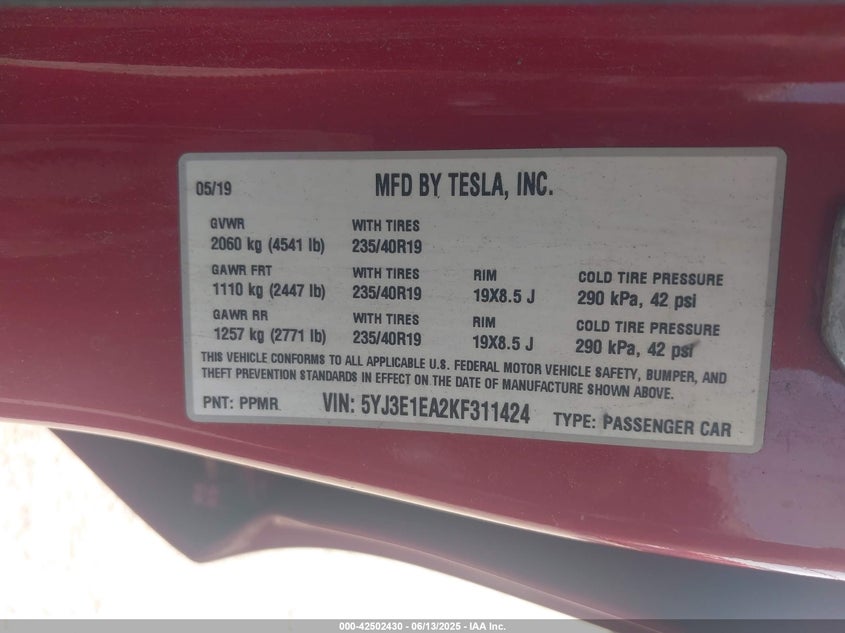 2019 TESLA MODEL 3 VIN: 5YJ3E1EA2KF311424