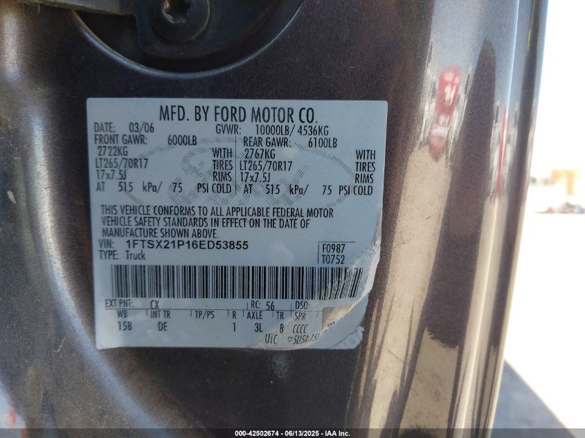 2006 Ford F-250 Lariat/Xl/Xlt VIN: 1FTSX21P16ED53855 Lot: 42502674