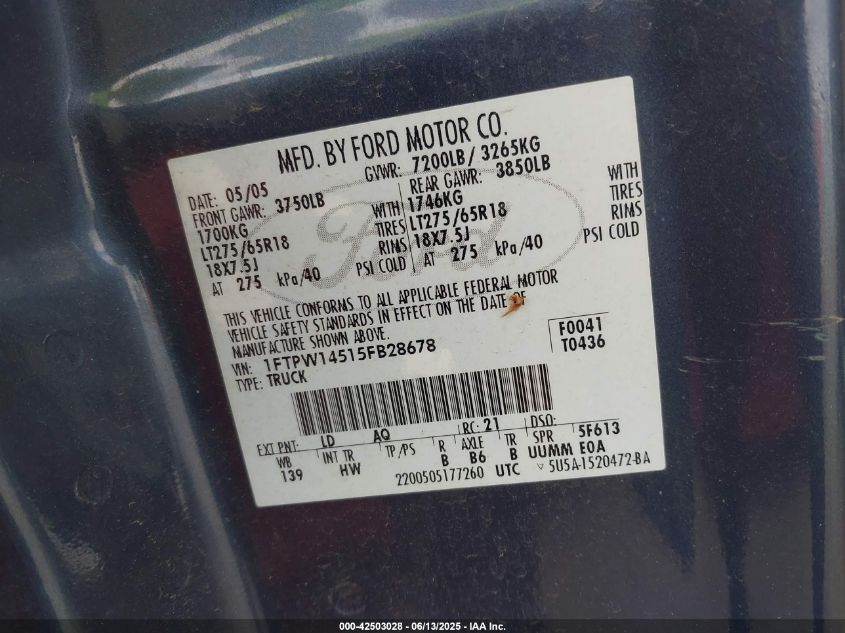 2005 Ford F-150 Fx4/Lariat/Xlt VIN: 1FTPW14515FB28678 Lot: 42503028