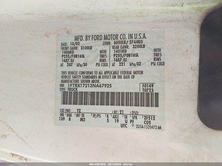 2003 Ford F-150 Xl/Xlt VIN: 1FTRX17213NA67925 Lot: 42503058