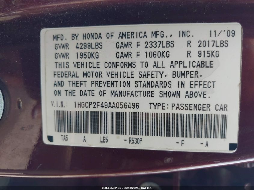 2010 Honda Accord 2.4 Lx-P VIN: 1HGCP2F49AA056496 Lot: 42503105
