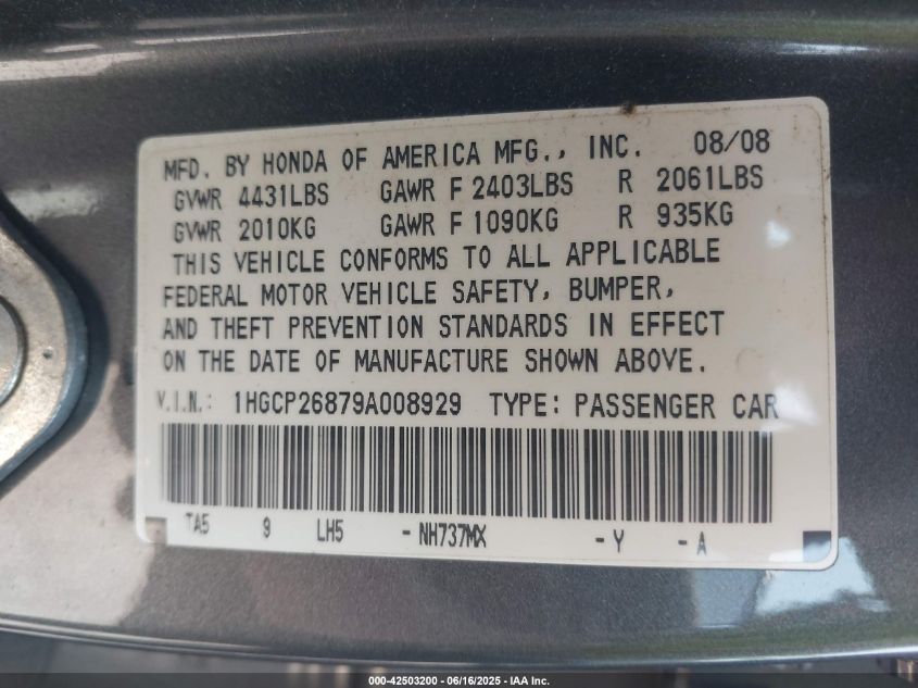 2009 Honda Accord 2.4 Ex-L VIN: 1HGCP26879A008929 Lot: 42503200