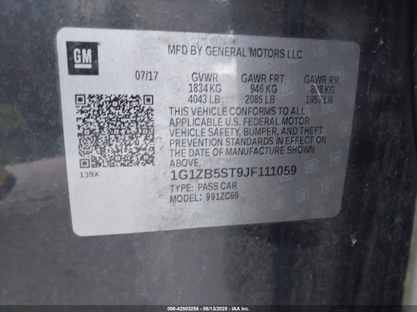 2018 Chevrolet Malibu 1Ls VIN: 1G1ZB5ST9JF111059 Lot: 42503256
