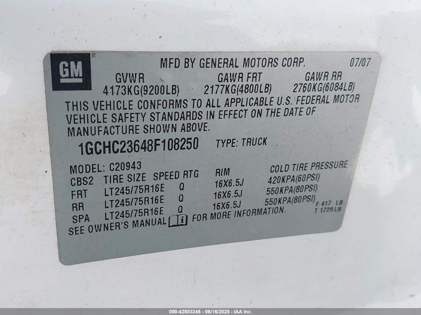 2008 Chevrolet Silverado 2500Hd Lt2 VIN: 1GCHC23648F108250 Lot: 42503346