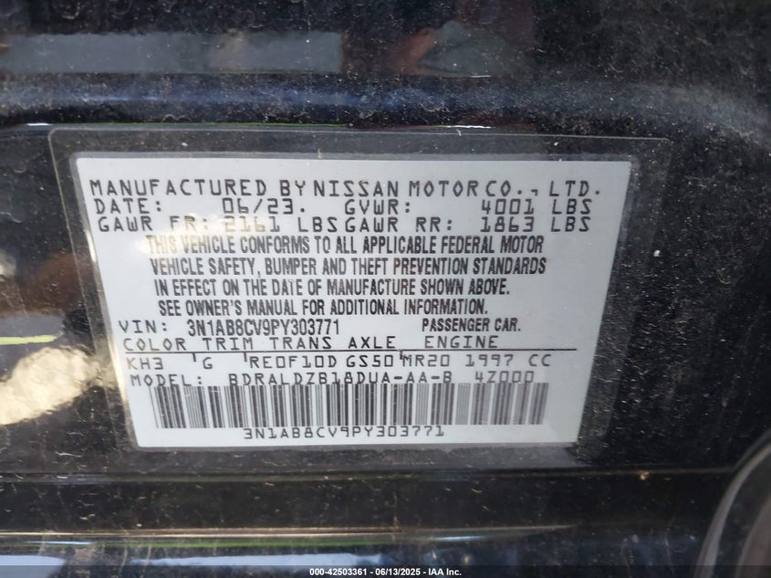 2023 NISSAN SENTRA VIN: 3N1AB8CV9PY303771