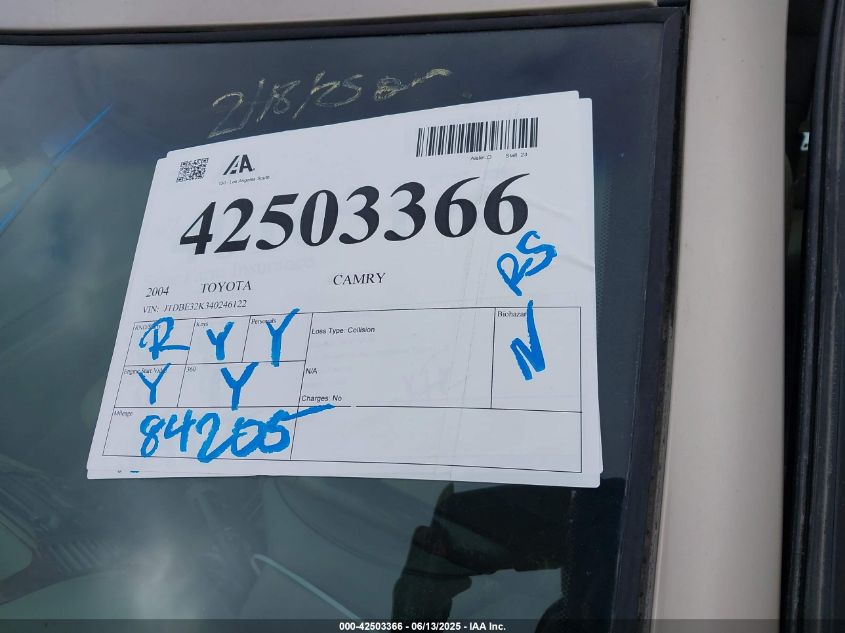 2004 Toyota Camry Le VIN: JTDBE32K340246122 Lot: 42503366