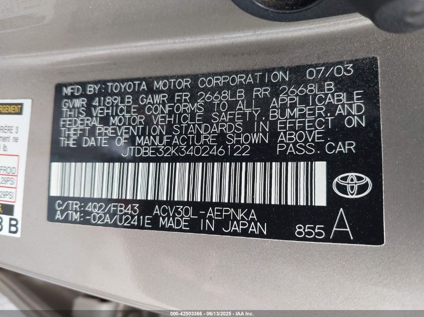 2004 Toyota Camry Le VIN: JTDBE32K340246122 Lot: 42503366