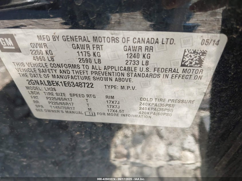 2014 CHEVROLET EQUINOX VIN: 2GNALBEK1E6348722
