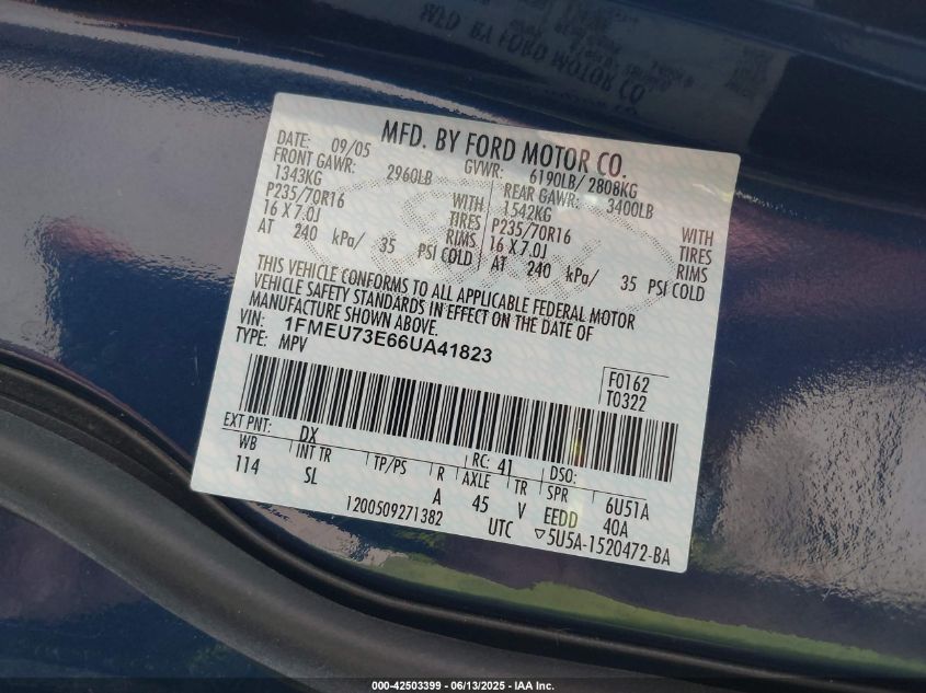 2006 Ford Explorer Xlt VIN: 1FMEU73E66UA41823 Lot: 42503399