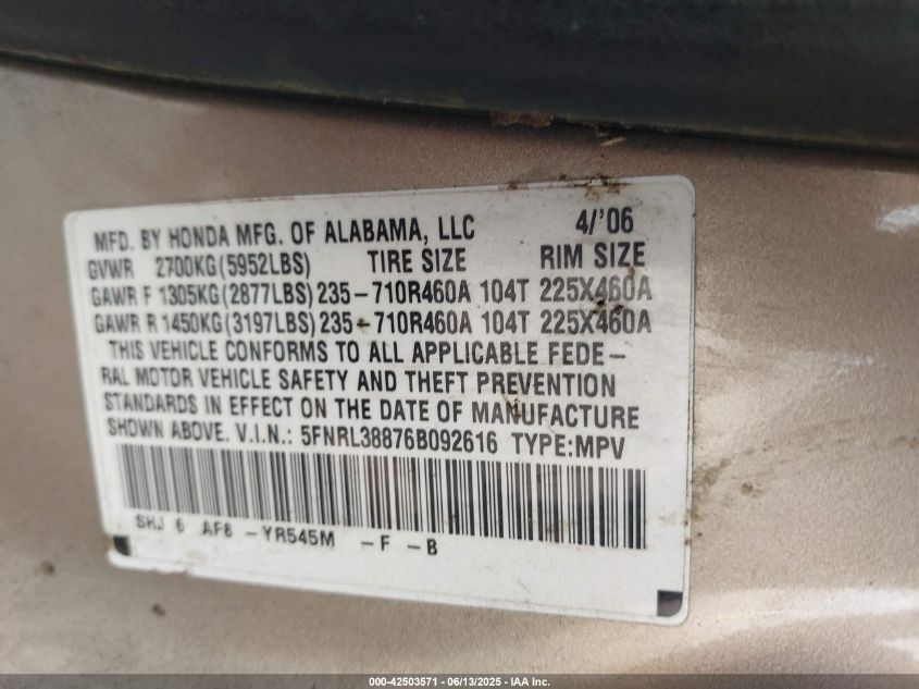 2006 Honda Odyssey Touring VIN: 5FNRL38876B092616 Lot: 42503571