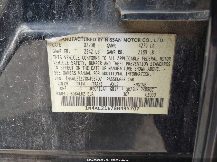 2008 Nissan Altima 2.5 S VIN: 1N4AL21E78N495707 Lot: 42503627