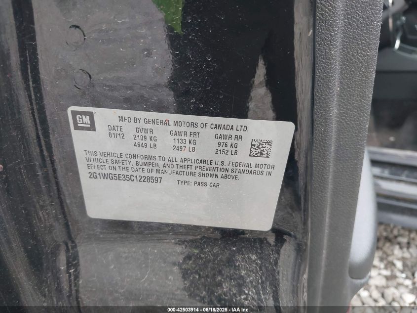 2012 Chevrolet Impala Lt VIN: 2G1WG5E35C1228597 Lot: 42503914