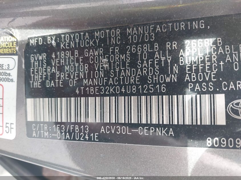 2004 Toyota Camry Le/Xle/Se VIN: 4T1BE32K04U812516 Lot: 42503938