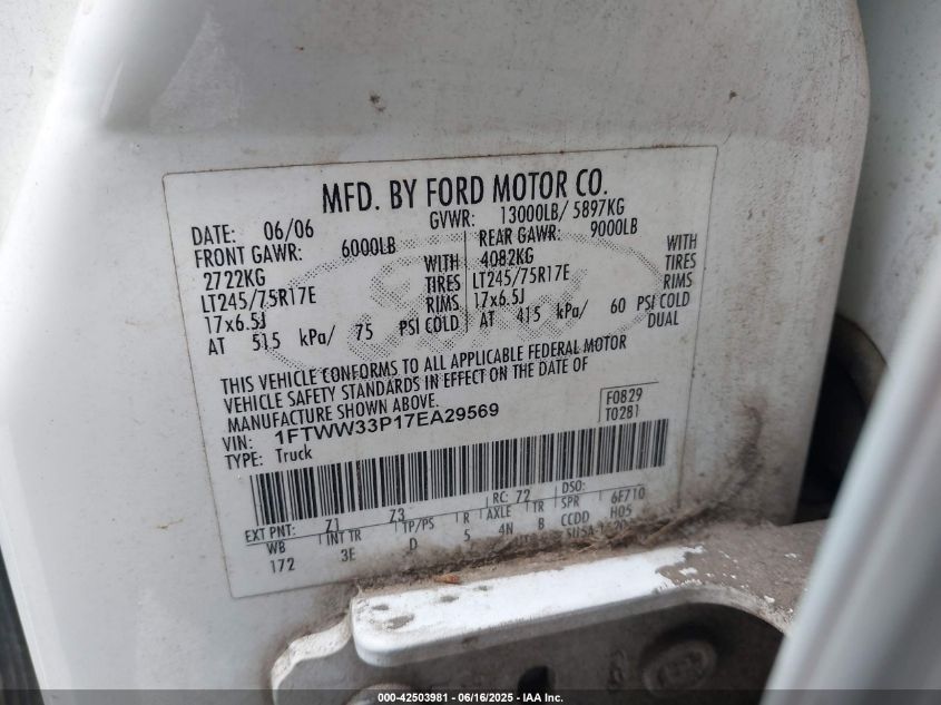 2007 Ford F-350 Lariat/Xl/Xlt VIN: 1FTWW33P17EA29569 Lot: 42503981