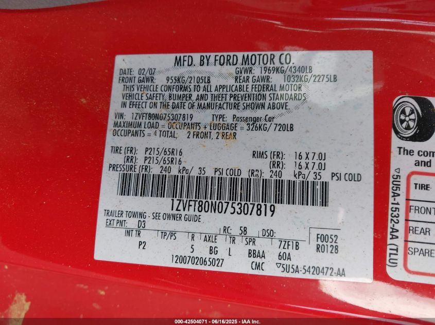 2007 Ford Mustang V6 Deluxe/V6 Premium VIN: 1ZVFT80N075307819 Lot: 42504071
