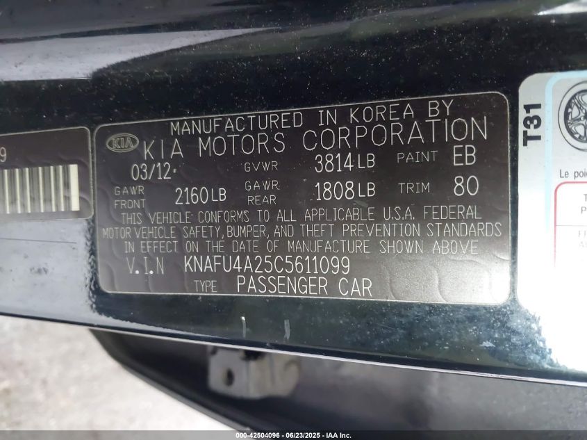 2012 Kia Forte Ex VIN: KNAFU4A25C5611099 Lot: 42504096