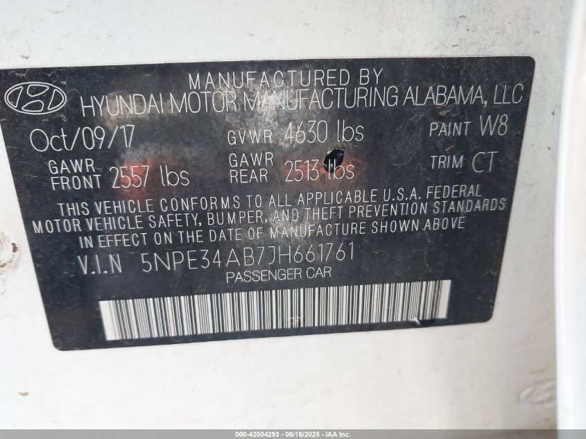 2018 Hyundai Sonata Sport/Limited/Sel VIN: 05NPE34AB7JH66176 Lot: 42504293