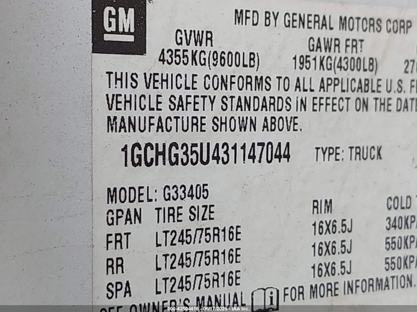 2003 Chevrolet Express VIN: 1GCHG35U431147044 Lot: 42504416