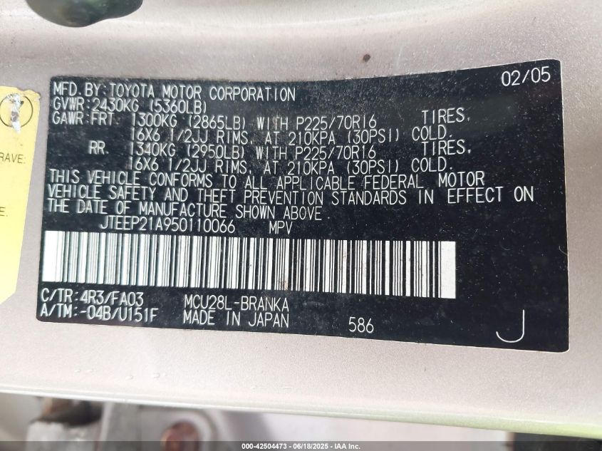 2005 Toyota Highlander V6 VIN: JTEEP21A950110066 Lot: 42504473