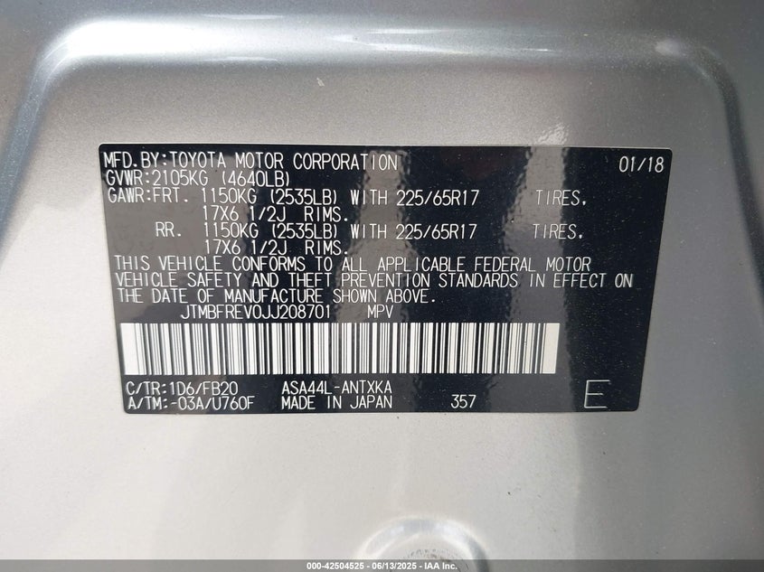 2018 TOYOTA RAV4 VIN: JTMBFREV0JJ208701