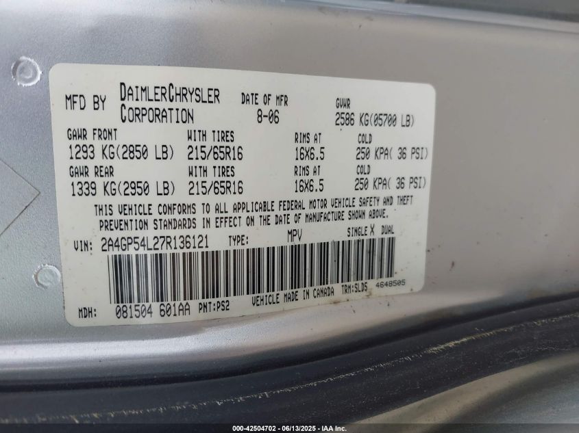 2007 Chrysler Town & Country Touring VIN: 2A4GP54L27R136121 Lot: 42504702