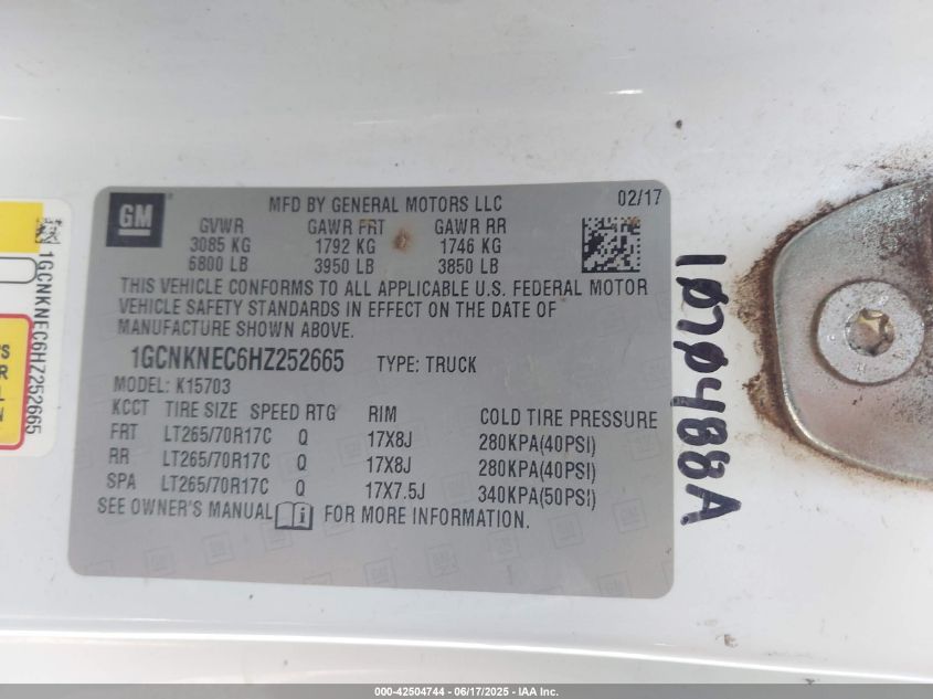 2017 Chevrolet Silverado 1500 Wt VIN: 1GCNKNEC6HZ252665 Lot: 42504744