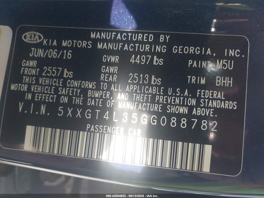 2016 KIA OPTIMA VIN: 5XXGT4L35GG088782