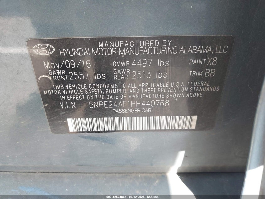 VIN 5NPE24AF1HH440768 2017 HYUNDAI SONATA