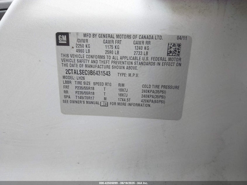 2011 GMC TERRAIN VIN: 2CTALSEC9B6431543