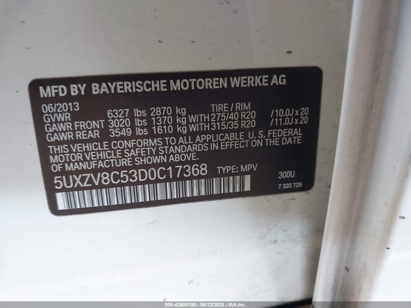 2013 BMW X5 VIN: 5UXZV8C53D0C17368