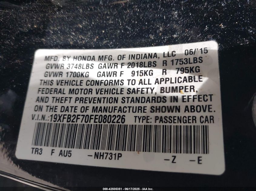 2015 Honda Civic Se VIN: 19XFB2F70FE080226 Lot: 42505351
