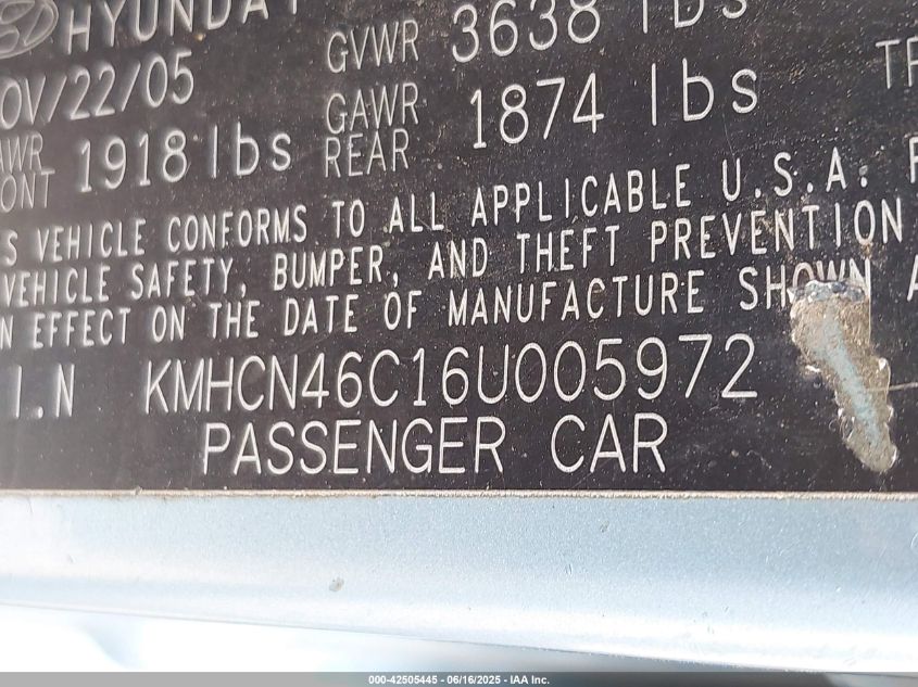 2006 Hyundai Accent Gls VIN: KMHCN46C16U005972 Lot: 42505445