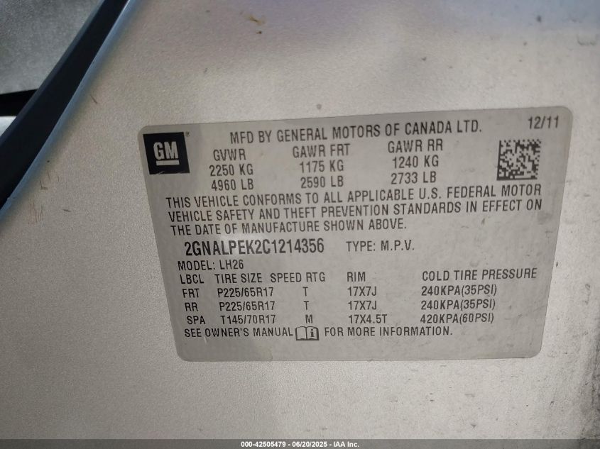 2012 Chevrolet Equinox 2Lt VIN: 2GNALPEK2C1214356 Lot: 42505479