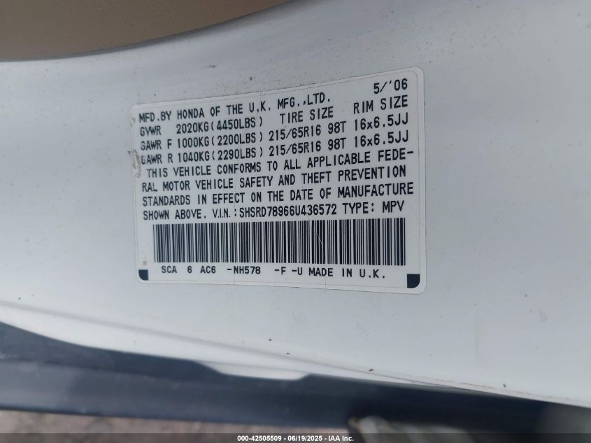 2006 Honda Cr-V Se VIN: SHSRD789664436572 Lot: 42505509