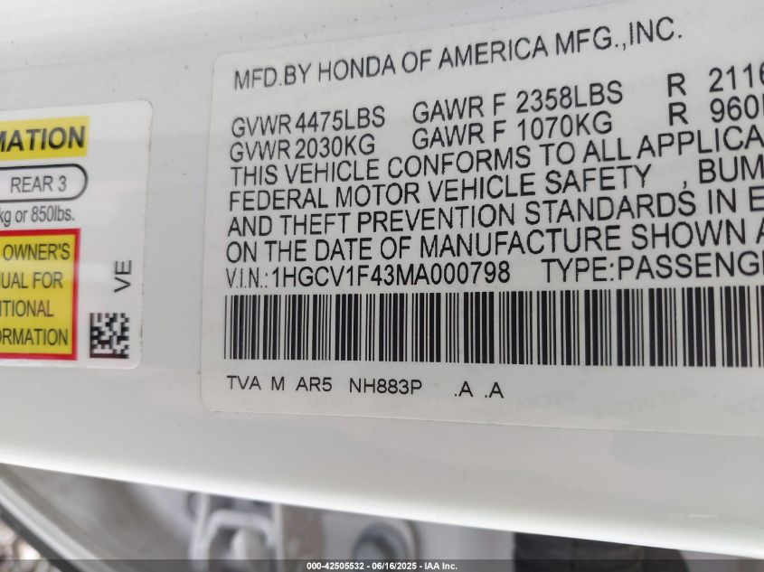 2021 Honda Accord Sport Special Edition VIN: 1HGCV1F40MS000798 Lot: 42505532