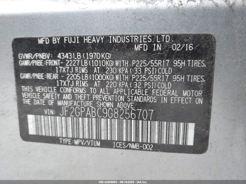 2016 Subaru Crosstrek VIN: 5F2GPABC9GB256707 Lot: 42505563