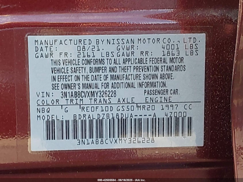 2021 NISSAN SENTRA SV XTRONIC CVT - 3N1AB8CVXMY326228