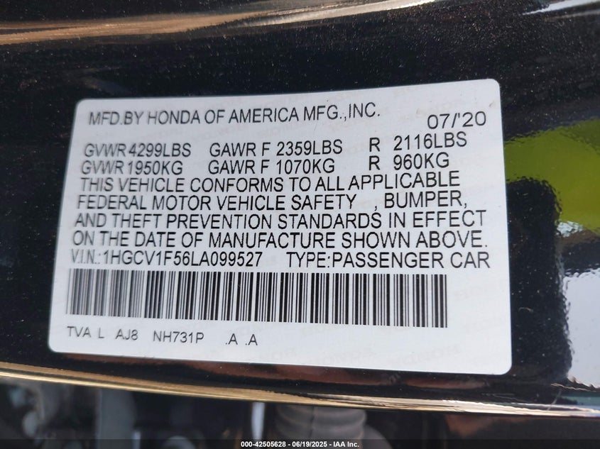 2020 HONDA ACCORD VIN: 1HGCV1F56LA099527
