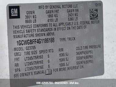 2016 CHEVROLET EXPRESS G2500 VIN: 1GCWGBFF4G1186188