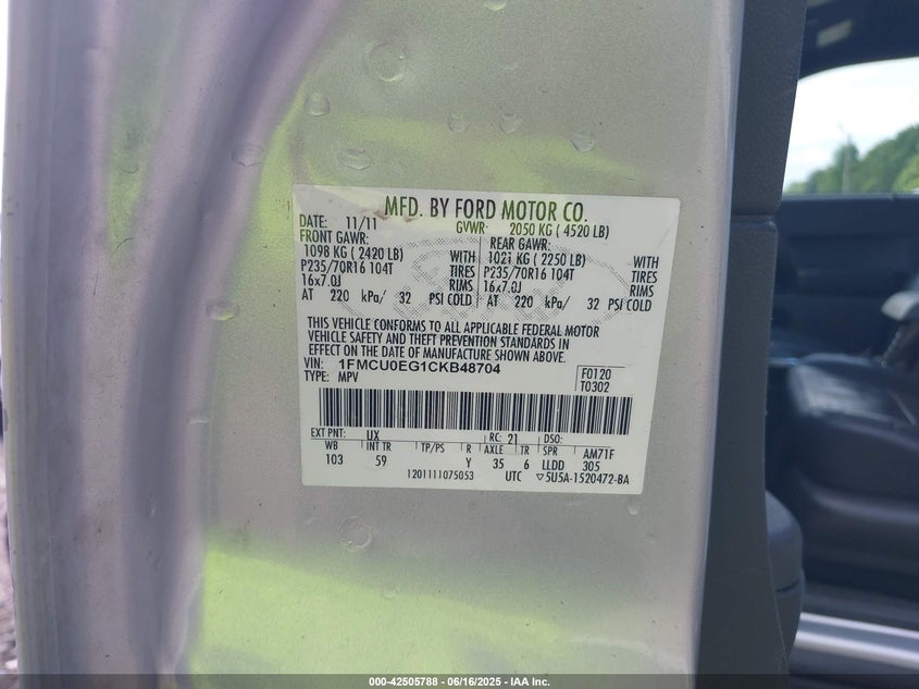 2012 FORD ESCAPE VIN: 1FMCU0EG1CKB48704