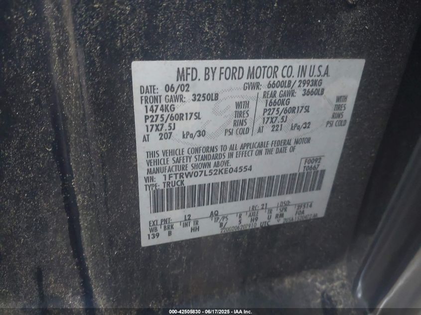 2002 Ford F-150 Lariat/Xlt VIN: 1FTRW07L52KE04554 Lot: 42505830