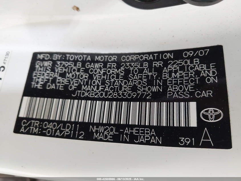 2008 TOYOTA PRIUS VIN: JTDKB20U283309772
