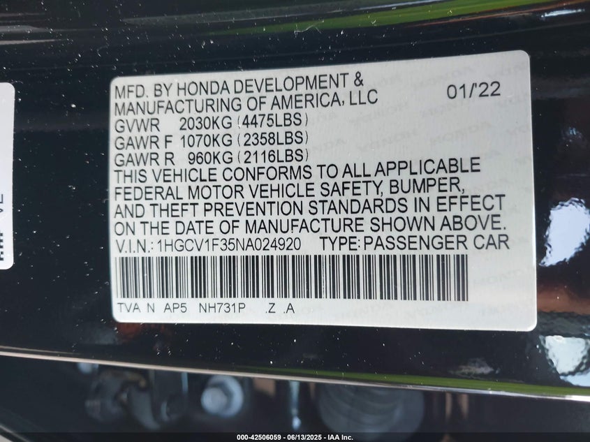 2022 HONDA ACCORD SPORT - 1HGCV1F35NA024920