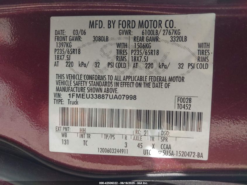 2007 Ford Explorer Sport Trac Limited VIN: 1FMEU33887UA07998 Lot: 42506322