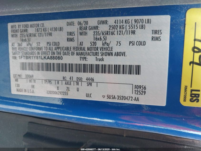 2020 Ford Transit-250 VIN: 1FTBR1Y81LKA88080 Lot: 42506377